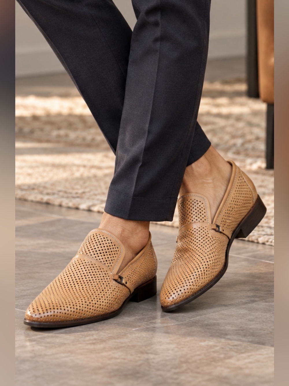 Basconi Men’s Perforated Leather Loafers Tan Slip-On Buckle EU 40 Insole 11”
